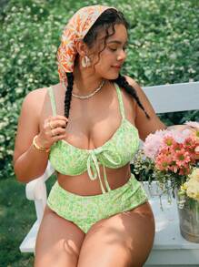 Swim Mod Plus Size Women Floral Spaghetti Strap Bikini Top For Summer Beach Vacation - Green - View 4