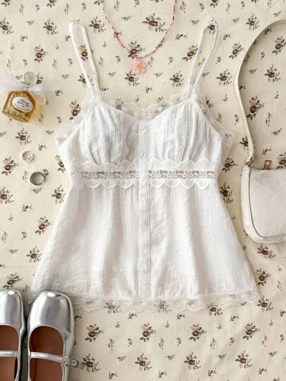 Teen Girls Elegant Vintage White Lace Camisole, Graceful Holiday Lace Vest, Soft Style Camisole White Babydoll Top Lace Camisole Top Babydoll Top Summer Camisole Top For Teen Girls