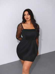 Viva Relle Plus Size Women's Square Neck Long Sleeve Mesh Pearl Sheer Vintage Elegant Casual Vacation Party Wedding Short Dress - Black - View 6