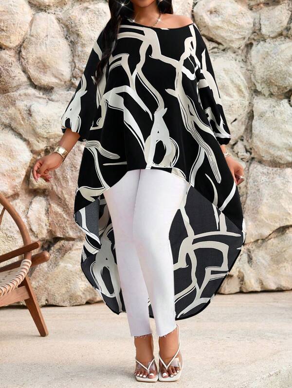 SHEIN Lady Spring And Summer Elegant Commuting Office Casual Boho Black And White Woven Round Neck High Low Quarter Sleeves Plus Size T-Shirts Plus Size Blouses