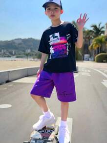 2 件套青少年男童休闲椰子树图案编织短裤套装，T 恤和短裤，适合度假穿着 - 彩色 - 查看 9