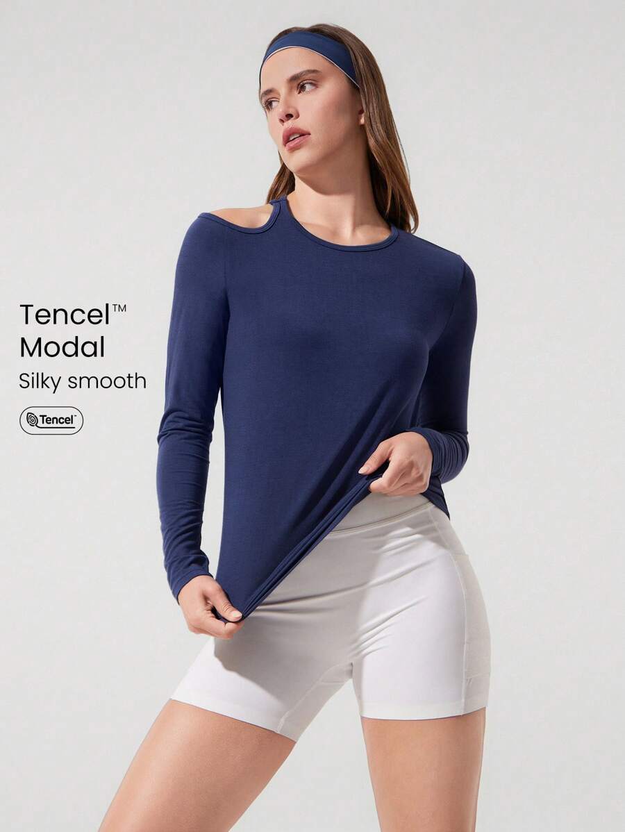 GLOWMODE TENCEL™ 莫代尔活力轻盈丝滑不对称肩部镂空长袖圆领运动上衣低冲击瑜伽普拉提健身房工作室日常休闲装 - Dark Blue - 查看 1