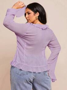 SHEIN BAE Áo cánh tay loe bèo nhún chiffon thanh lịch cỡ lớn cho nữ mùa xuân, thích hợp cho những buổi hẹn hò lãng mạn, tụ tập cùng bạn bè, hoạt động nghỉ dưỡng và trang phục thường ngày sành điệu - Màu tím hoa cà - Xem 2