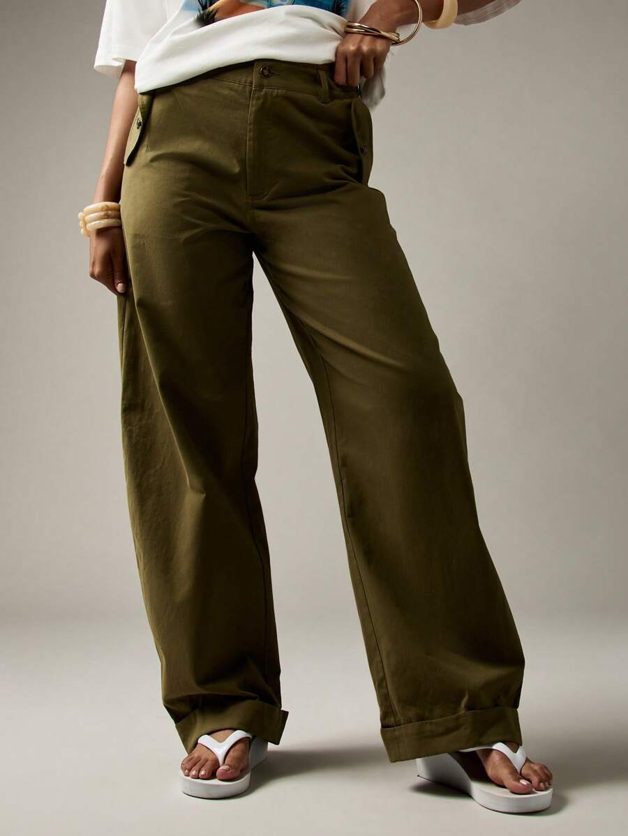 MISSGUIDED Wide Leg Cargo Utility Pants With Front Pockets High Waisted Casual Work Autumn Winter Trousers Barrel Cut Relaxed Fit - Army Green - View 1