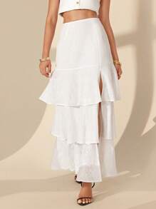 Almamuse Women High Waist Embroidered White Eyelet Skirt,Elegant Classy Summer Vacation Holiday Layered Ruffled Slit Tiered Ruffle Skirts Fall Cloth For Women - White - View 7
