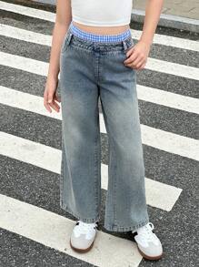 SHEIN Vintage American Style Baggy 2 In 1 Jeans For Tween Girl - Blue - View 3