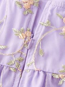 SHEIN Leap Crew Tween Girl Elegant Floral Embroidery Splicing Mesh Cami Midi Dress - Mauve Purple - View 3