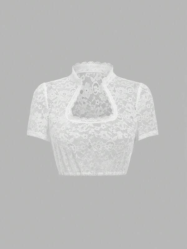 Fairmaia Traditionelles deutsches Frauen Crop Top mit transparenter Spitze und Kerbe am Ausschnitt