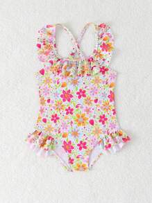 Baby Girl Floral Print Ruffled Hem One-Piece Swimsuit, For Beach Vacation - Multicolor - View 4