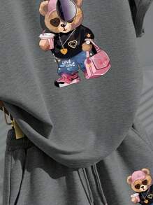 INAWLY 2pcs Women's Raglan Casual Versatile Bear Print Loose Short Sleeve T-Shirt Set - Grey - View 7