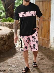 ResortEase Plus Size Men Relaxed Fit Crew Neck Short Sleeve Casual Coconut Tree Print T-Shirt Set