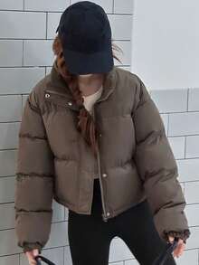 DAZY 青少年（女孩）休闲街头风格宽松短款棉衣，冬季 - 咖啡棕 - 查看 3
