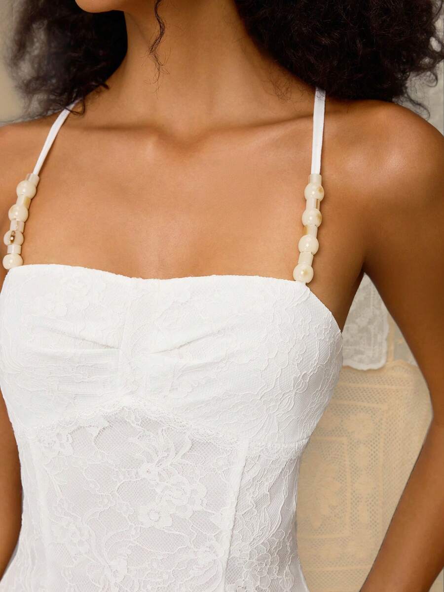 SHEIN MOD 女士夏季花卉蕾丝交叉露背修身吊带背心，夏季，海滩，度假，防晒上衣，女士生日上衣，优雅上衣，海滩度假，夏威夷，早午餐，端庄上衣，Y2K风格上衣 - 白色 - 查看 1