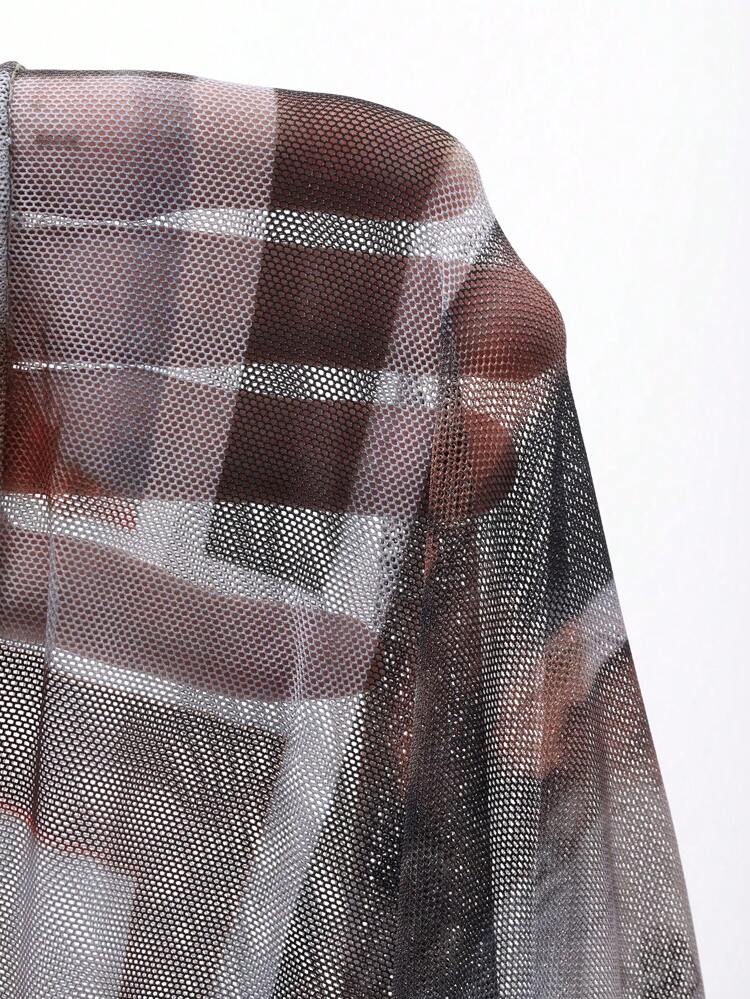 Women's Mesh Printed Fitted Cropped Top, Holiday Flower Vacation Beach, Spring/Summer Long Sleeve Women Tops,Fall Women Clothes