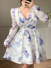 DAZY Robe courte d'été à manches longues col V avec motif floral tout-sur-tout, style vacances pour femmes
