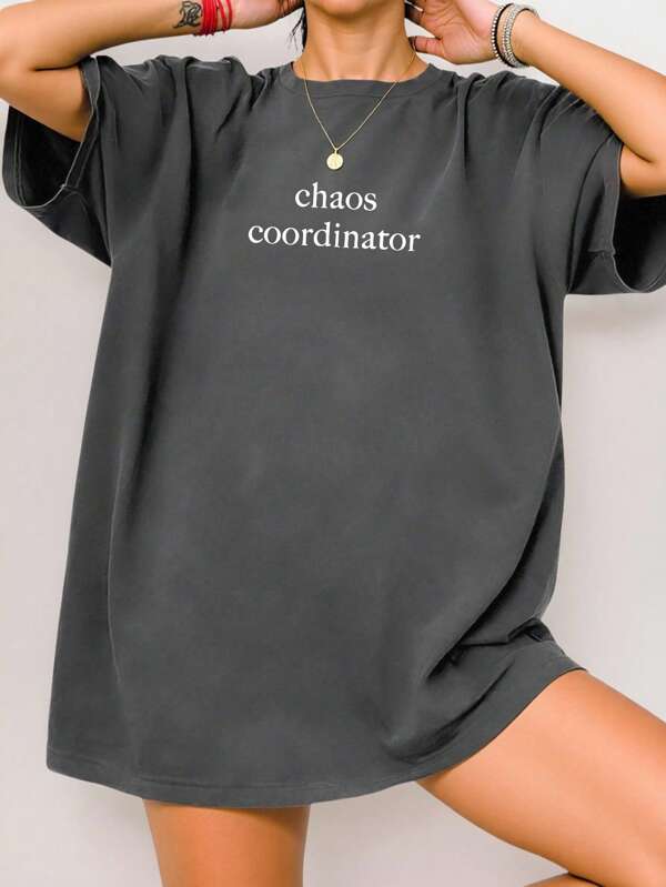 INAWLY Chaos Coordinator Slogan Gri Loose Casual Tricou pentru femei