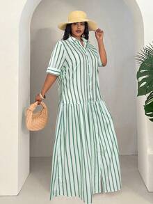 Slaydiva Đầm sơ mi ngắn tay kẻ sọc cỡ lớn dành cho nữ, phong cách tối giản. - màu xanh lá - Xem 4