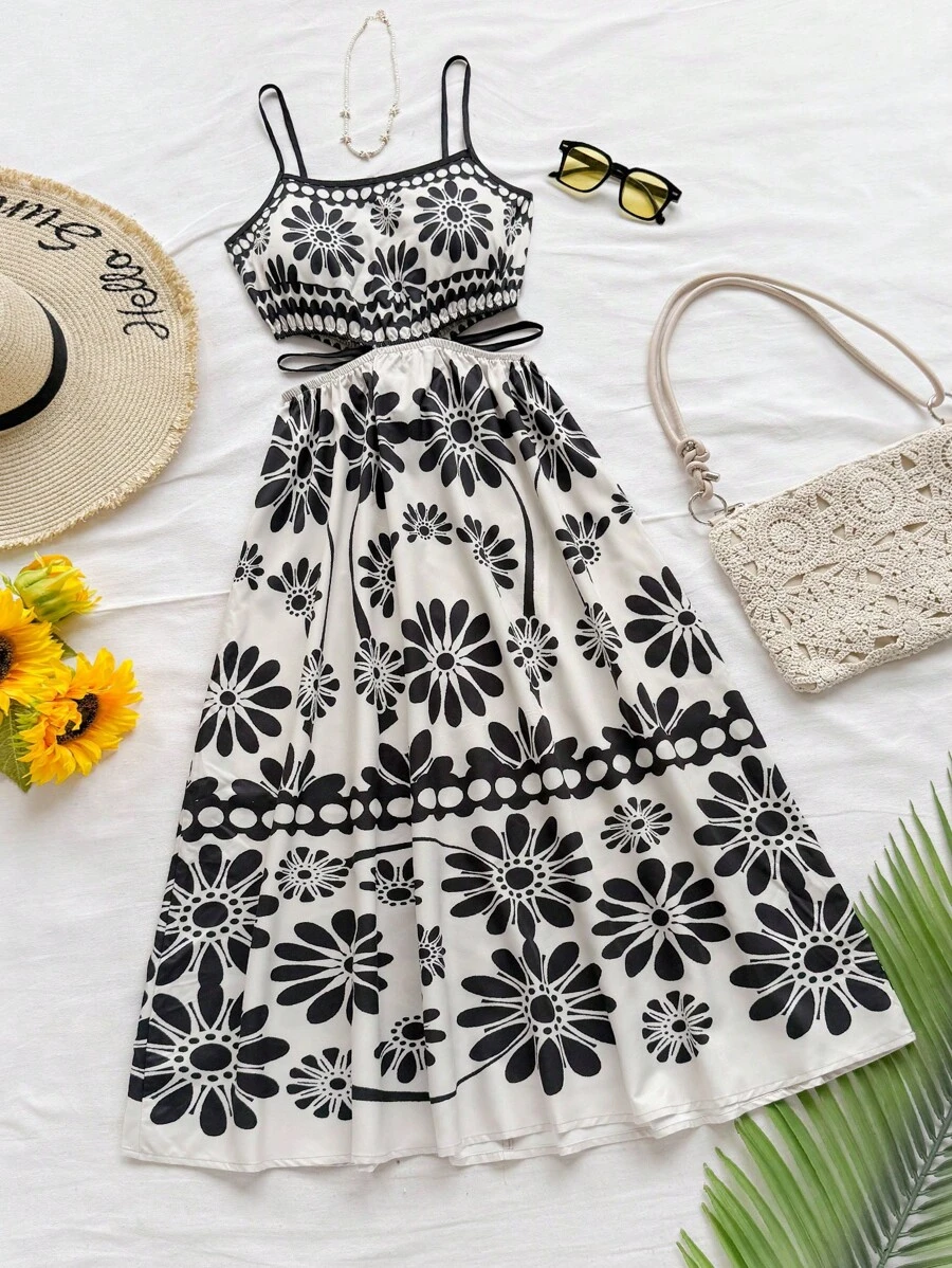 Soleia Women's Green Tropical Floral Print Mid-Calf Dress With Side Cutouts And Self-Tie Waist, Relaxed Fit A-Line Cami Dress Summer Dress Midi Women Sundress Summer Women Summer Dress - Multicolor - View 1