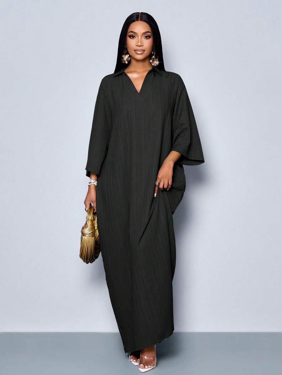 SOLERSUN Women's Fashionable V Neck Loose Batwing Sleeve Without Belt Dress For Holiday Maxi Women Outfit - Black - View 1