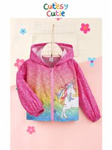 SHEIN Young Girl Unicorn Print Zip Up Hooded Jacket,In Fall/Winter - Multicolor - View 1