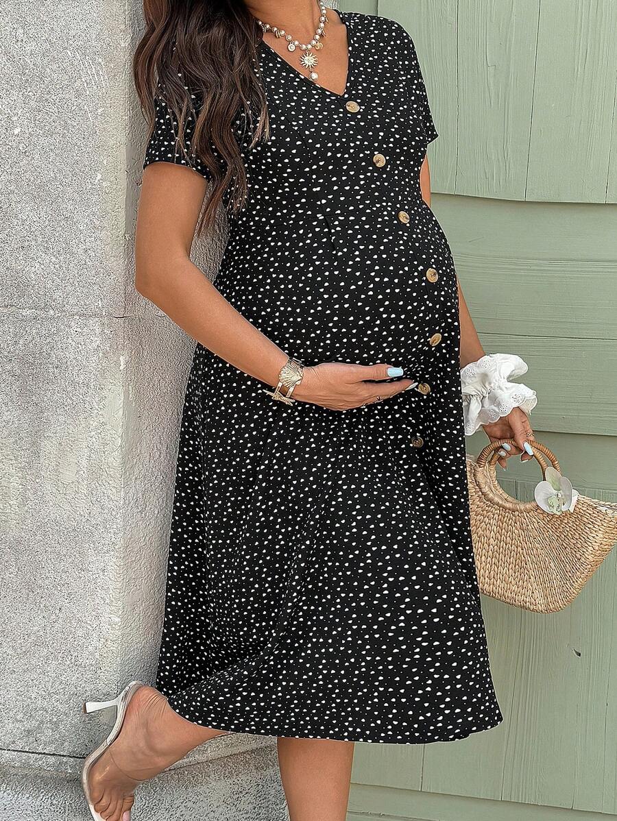 SHEIN 孕妇夏季满版心形印花V领束腰连衣裙 - 黑色 - 查看 1