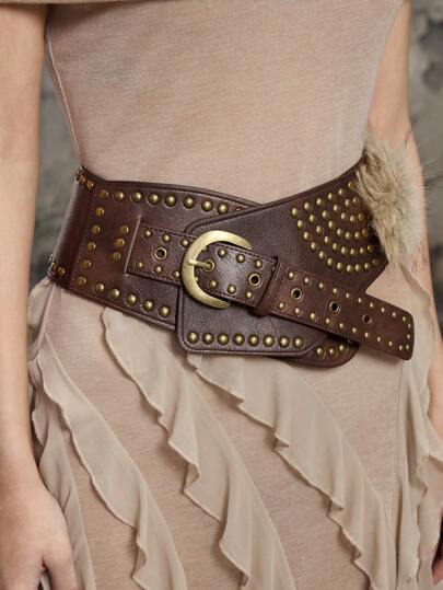 Hippie 1 pezzo Cintura in finta pelle vintage stile Y2K con fibbia a disco, rivetti e laminato in lega metallica