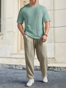 Manfinity BRENVOR 宽松男士纯色华夫格圆领休闲T恤，情侣装