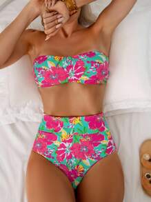 Swim Vcay 2025 花卉印花吊带露脐上衣和高腰短裤比基尼套装（可双面多穿），夏季海滩度假 - 彩色 - 查看 8