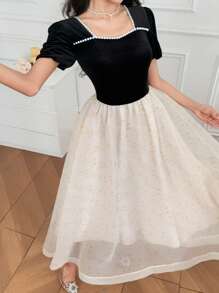 DAZY Vestido de mangas abullonadas con cuello en forma de corazón y diseño de patchwork, para primavera/verano - Negro - Ver 5