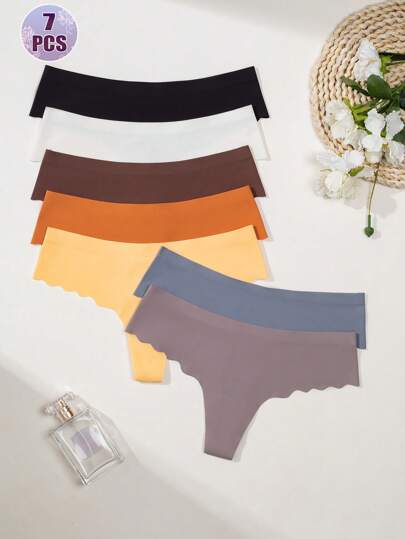 SHEIN 7pcs/Set Women Solid Color Scallop Trim Comfortable Thong Panties