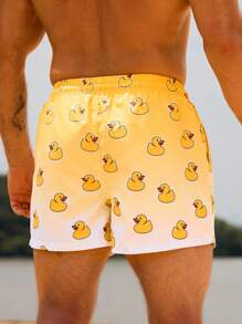 Surfspeed Men's Cartoon Duck Print Drawstring Waist Beach Shorts - Yellow - View 6