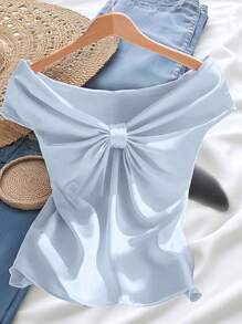 SHEIN Clasi Áo thun tay ngắn bó sát eo đàn hồi hở vai có nơ dệt kim cỡ lớn - Màu xanh nhạt - Xem 1