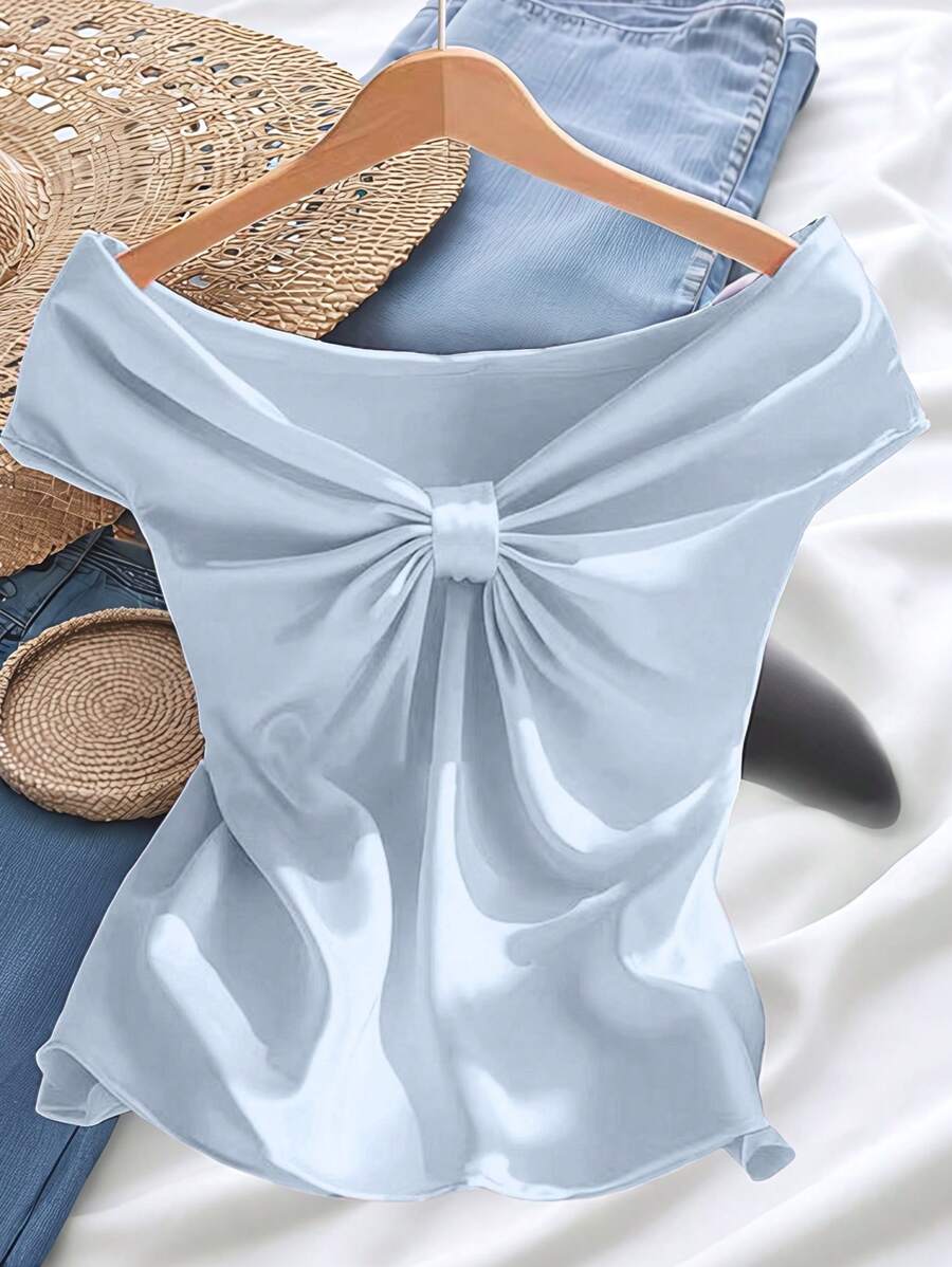 SHEIN Clasi Áo thun tay ngắn bó sát eo đàn hồi hở vai có nơ dệt kim cỡ lớn - Màu xanh nhạt - Xem 1