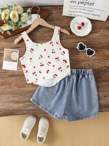 2pcs Teen Girl& Teen Girl Cherry Print Denim Shorts + Vest Tops Suits, Cute Vacation Set