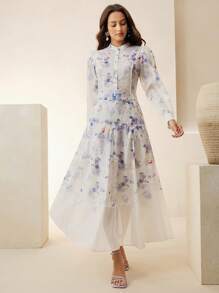 Anewsta Set de 2 piezas de camisa de manga larga y falda larga con estampado elegante - Azul - Ver 1