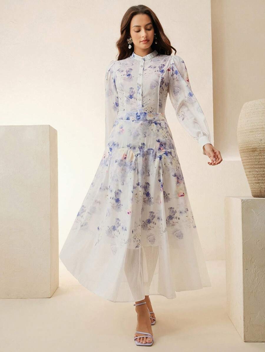 Anewsta Set de 2 piezas de camisa de manga larga y falda larga con estampado elegante - Azul - Ver 1