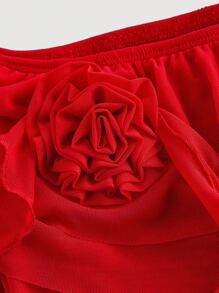 SHEIN X YERIMUA SHEIN MOD 女式露肩荷叶边下摆红色花卉装饰连衣裙 - 紅色 - 查看 3