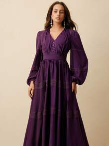 Anewsta Váy bó eo cổ chữ V màu tím nho cao cấp dành cho nữ kèm chân váy xòe bồng bềnh, phong cách nghỉ dưỡng, mùa hè - Màu tím - Xem 3