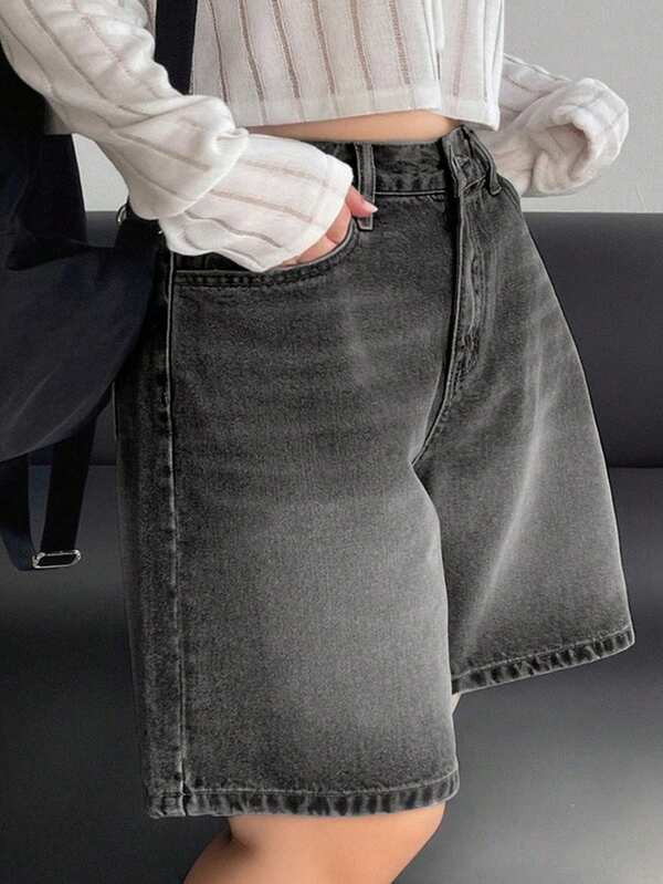 Dazy Plus Pantalones cortos vaqueros de talla grande para mujer con lavado desteñido, piernas anchas y bolsillos, de ajuste casual, para todas las estaciones