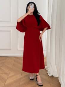 DAZY 女士酒红色连衣裙，腰部收紧，斗篷式设计，夏季红色女士连衣裙，圣诞节 - 紅色 - 查看 6