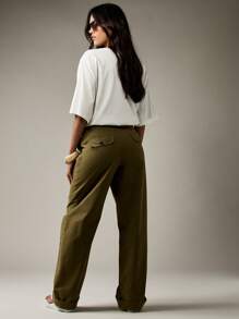 MISSGUIDED Wide Leg Cargo Utility Pants With Front Pockets High Waisted Casual Work Autumn Winter Trousers Barrel Cut Relaxed Fit - Army Green - View 2