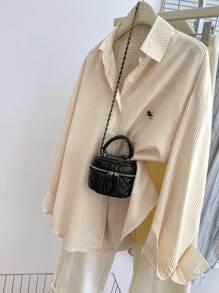 INAWLY 大码休闲通勤日常条纹长袖T恤 - 卡其色 - 查看 3