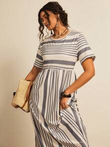 Freevana Plus Size Women Boho Striped & Printed Round Neck Short Sleeve Casual Dress With Side Slit Hem For Summer,Beach Dress Sundress,Holiday Outfits - Grey - View 5