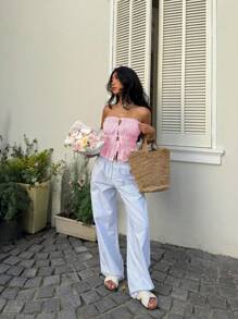 Sunnyshic Áo hở vai viền ren trắng cho nữ - Màu Hồng baby - Xem 4