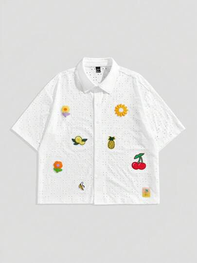 ROMWE MEN Casual 男士花卉刺绣贴布宽松短袖衬衫
