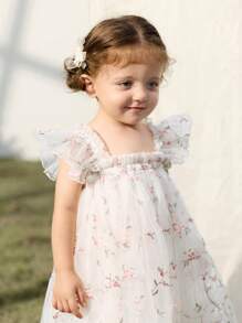 Cozy Pixies Baby Girl Botanical Floral Print Round Neck Ruffle Trim Waist Dress Baby Butterfly Dress Baby Girl Butterfly Dress Fairy Baby Dress Baby Girl Lace Dress Baby Princess Dress - Multicolor - View 4