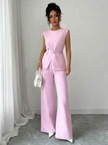 Elenzga 女士优雅办公室通勤休闲下午茶派对装，领腰金属纽扣可调节肩部不对称下摆分层衬衫搭配宽松阔腿裤套装，2 件套，春夏 - 粉色 - 查看 4