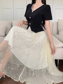 DAZY 女士夏季撞色亮片褶皱下摆短袖优雅中长连衣裙舞会礼服闪亮连衣裙 - 黑與白 - 查看 7