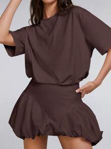 Athîral 女式纯色圆领落肩荷叶边下摆迷你连衣裙，夏季 - 棕色 - 查看 1