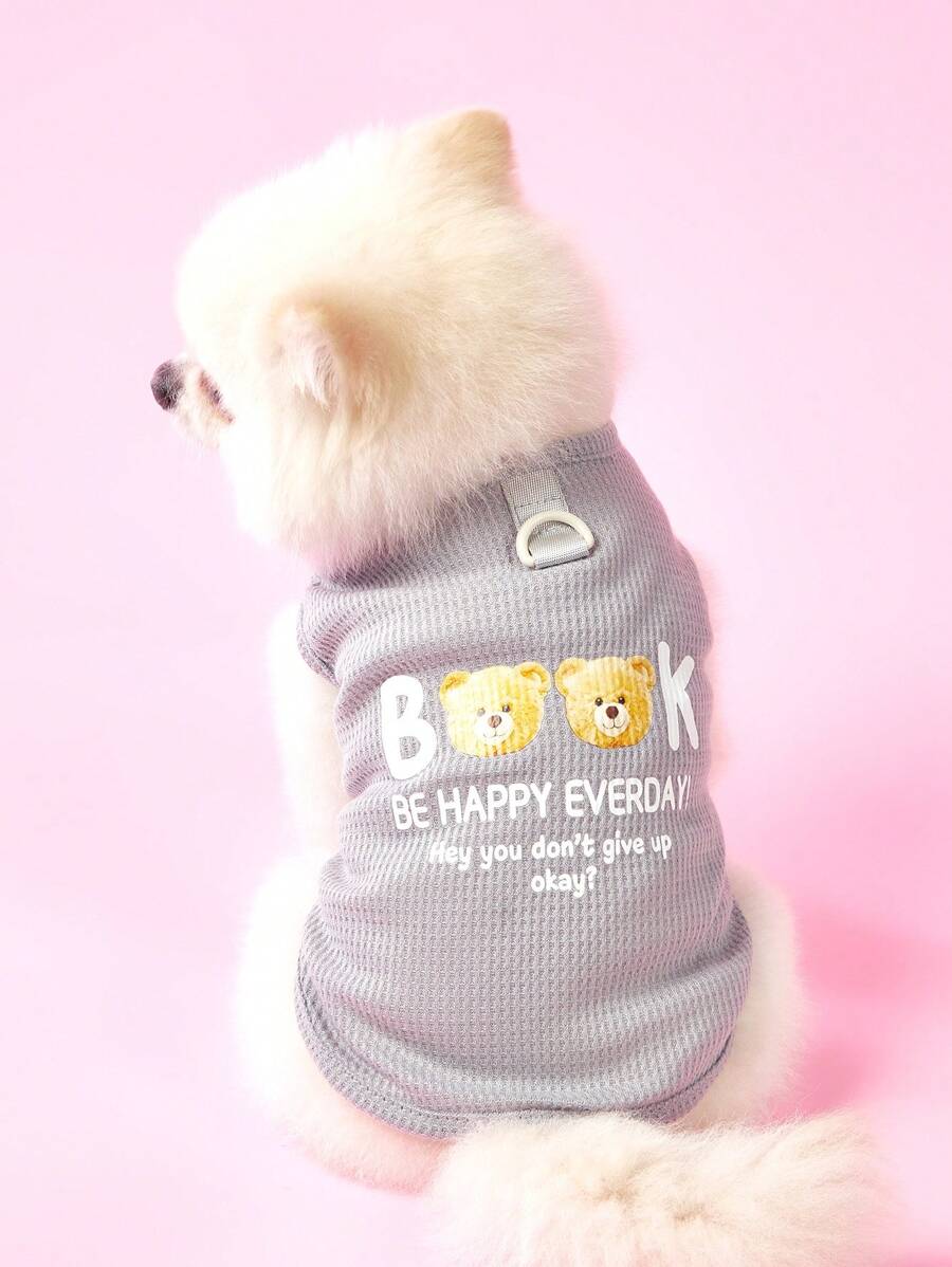 PETSIN 灰色夏季可爱休闲书,Behappy Everyday,熊图案印花轻盈透气华夫格纹理宠物背心,适合猫狗 - 灰色 - 查看 1